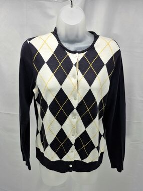 NWOT Lands' End Navy Argyle Cardigan Sweater Small Supima Cotton Preppy Acedemia